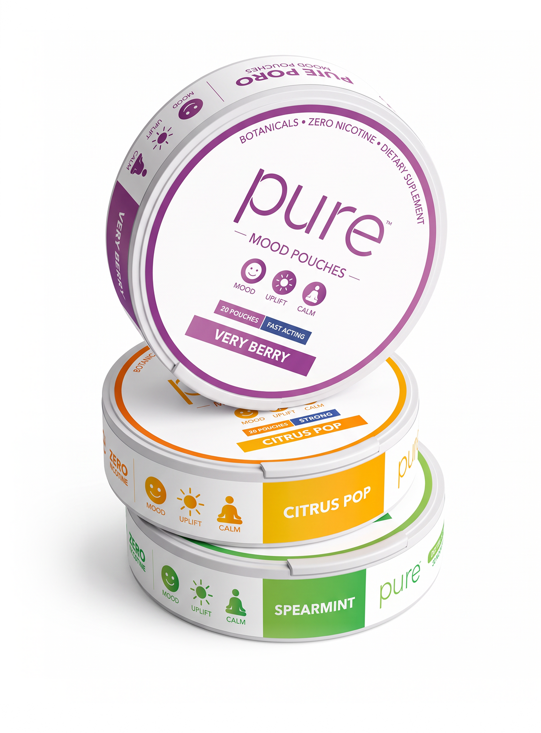 Pure Mood Pouches — three stacked cans